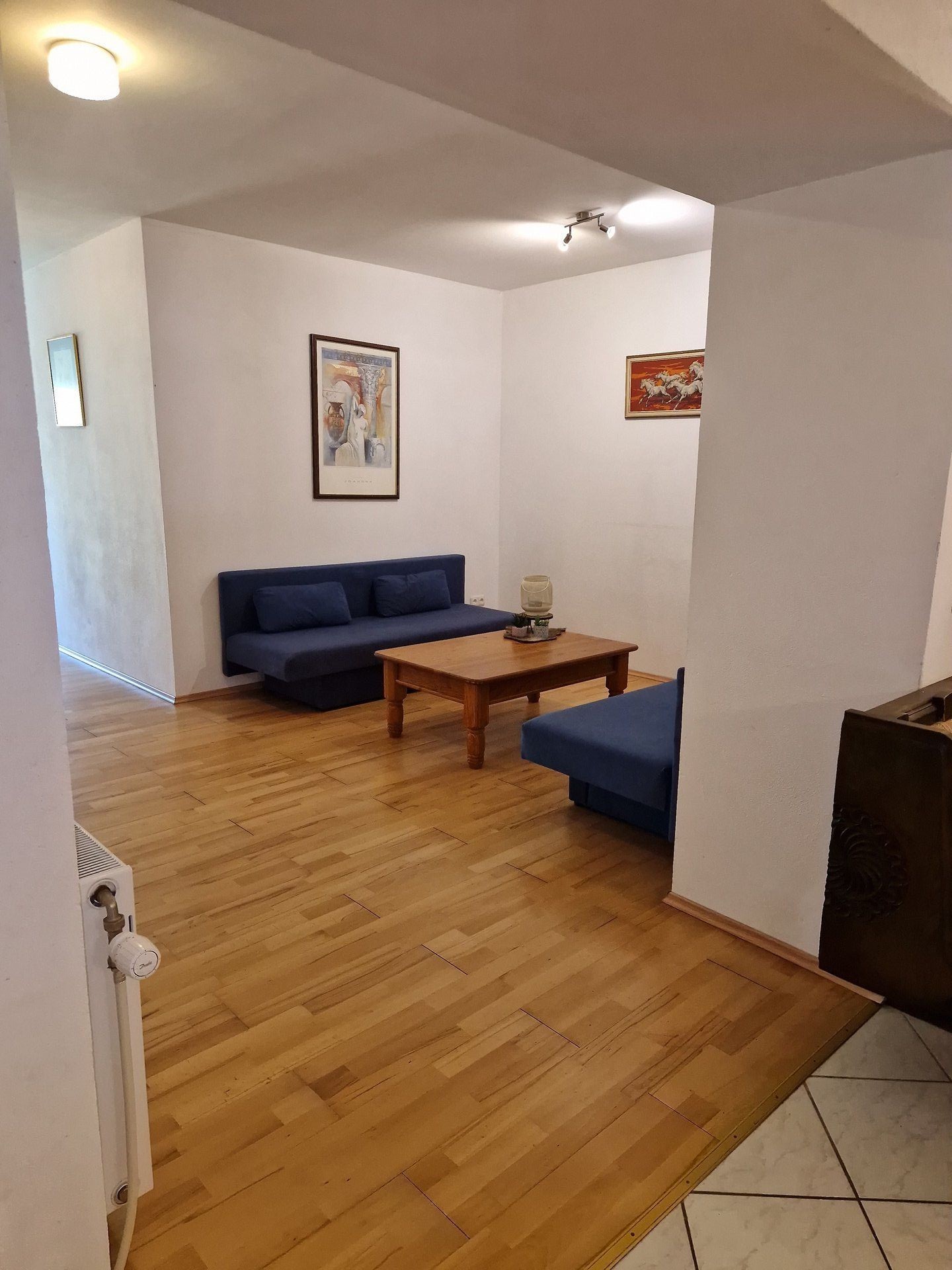 Zaunerhof Appartement 3 - Modernes Wohnzimmer mit blauen Sofas